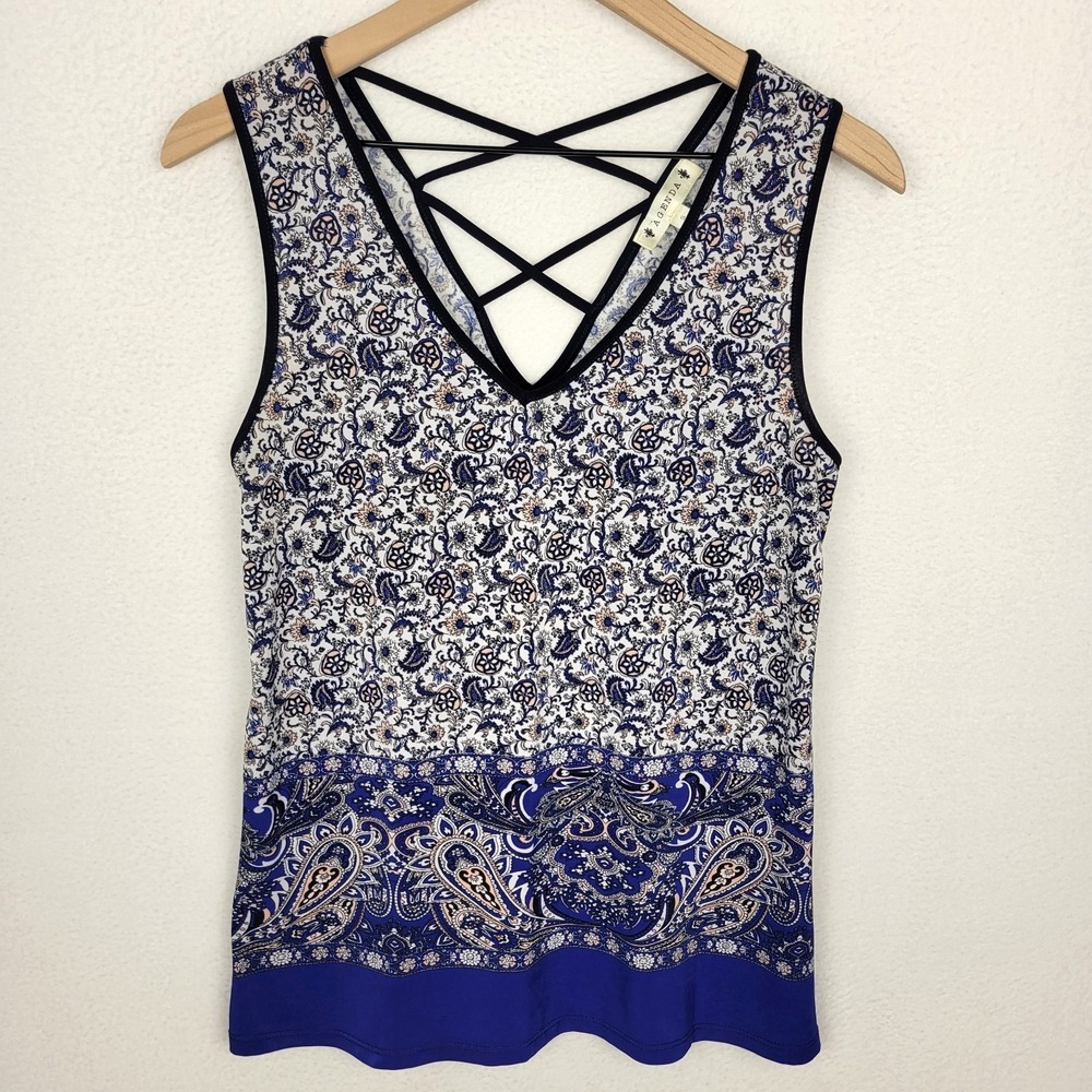 Agenda Blue Paisley Criss‎ Cross Back Tank Top Womens S Boho Festival Chic